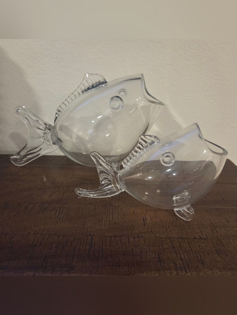 MCM Blenko Style Glass Fish Vase Bowl Terrarium Hand Blown Large Small Set Of 2